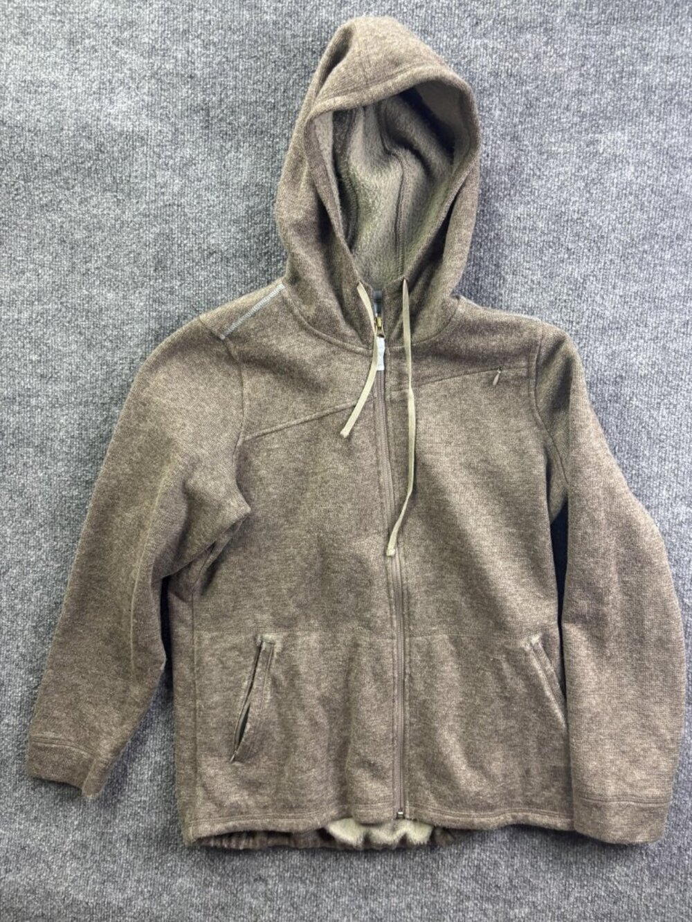 Orvis Jacket Womens Large Brown Hooded Fleece Lined Full Zip Wool Blend